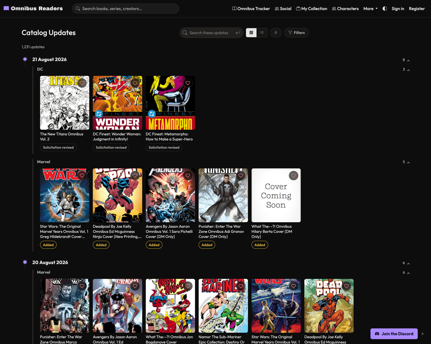 Catalog Updates — 1,231 entries grouped by date and publisher, each tagged with what changed.