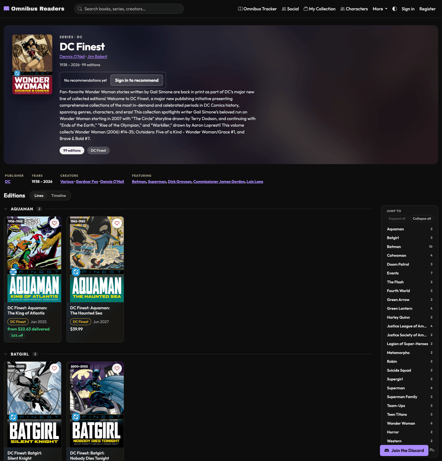 The DC Finest hub — 99 editions sorted into lines, with a jump-to rail and content-year badges on every cover.