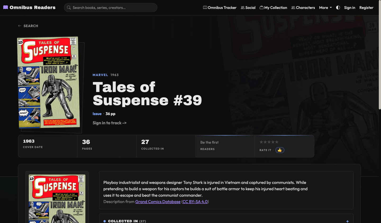 Tales of Suspense #39 — cover, cover date, page count, the twenty-seven books that reprint it, and a synopsis.
