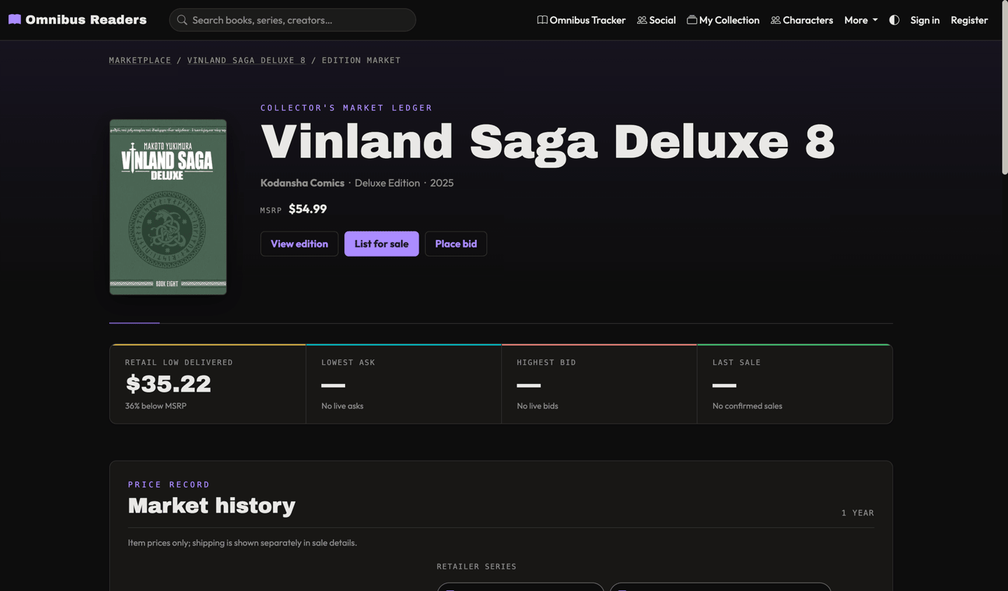 The market page for Vinland Saga Deluxe 8 — retail low, asks, bids, and last sale, above a price history chart.