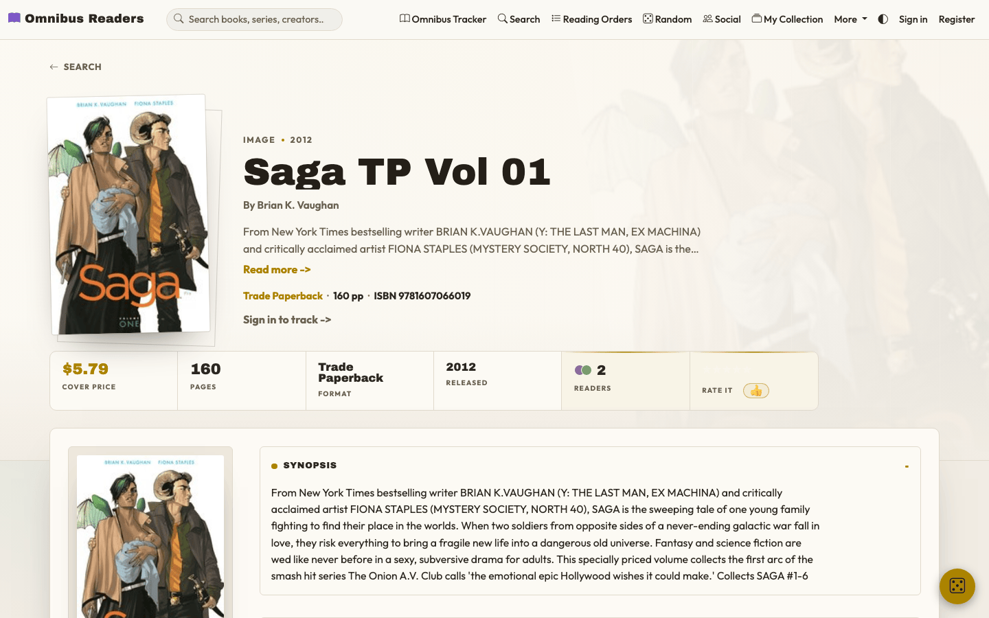 An edition page for Saga Vol. 1 — cover, price, format, page count, and synopsis.