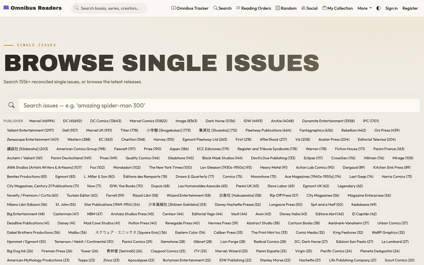 Browsing single issues — 155k+ reconciled issues, filtered by publisher.