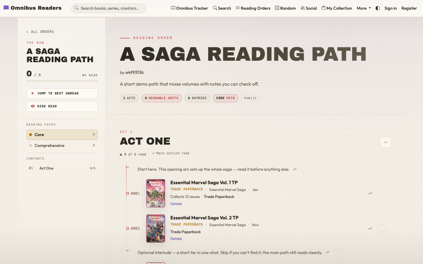 The public view of a reading order — numbered entries with cover thumbnails and inline "read up until here" notes.